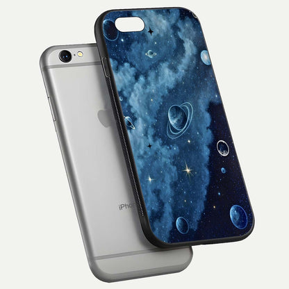 Galaxy Dream Space Glass Case for iPhone 16 Pro floating dual-view mockup showing glossy finish and celestial depth