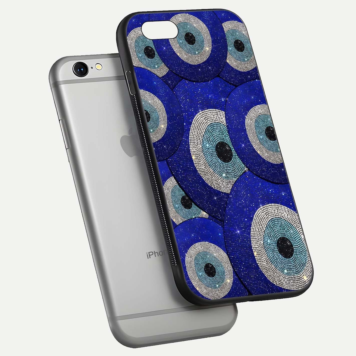 Galaxy Eye Flow Glass Case for iPhone 16 Pro floating dual-view mockup showing gloss polish and glowing tones