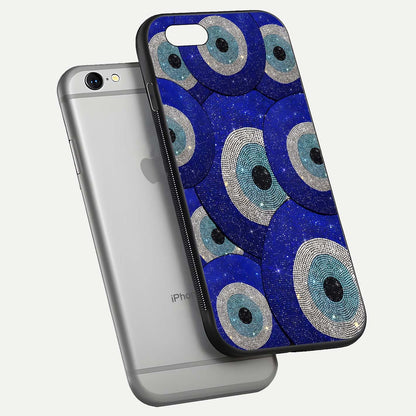 Galaxy Eye Flow Glass Case for iPhone 16 Pro floating dual-view mockup showing gloss polish and glowing tones