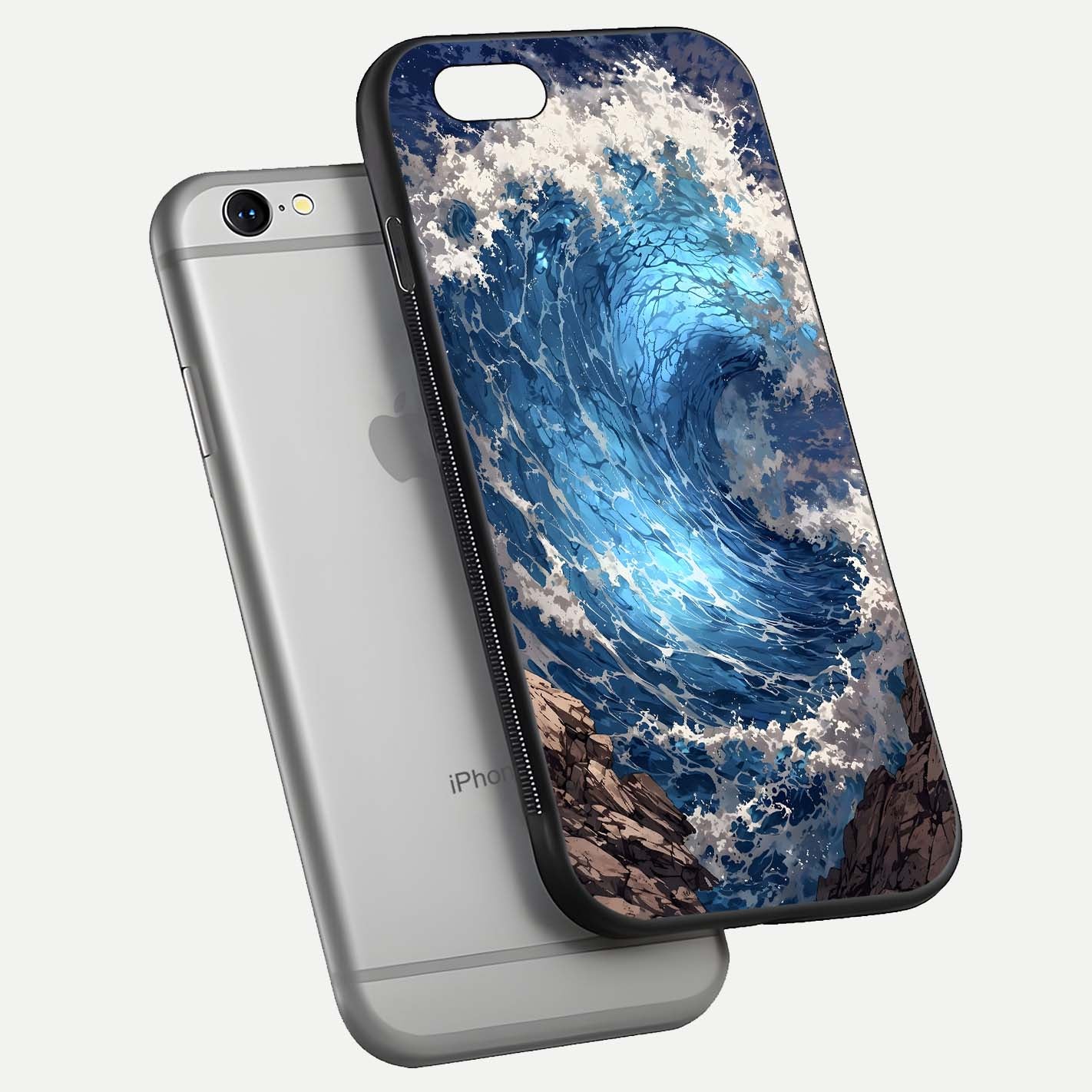 Giant Ocean Wave Glass Case for iPhone 16 Pro floating dual-view mockup showing glossy depth and aquatic blue gradient