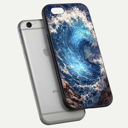 Giant Ocean Wave Glass Case for iPhone 16 Pro floating dual-view mockup showing glossy depth and aquatic blue gradient