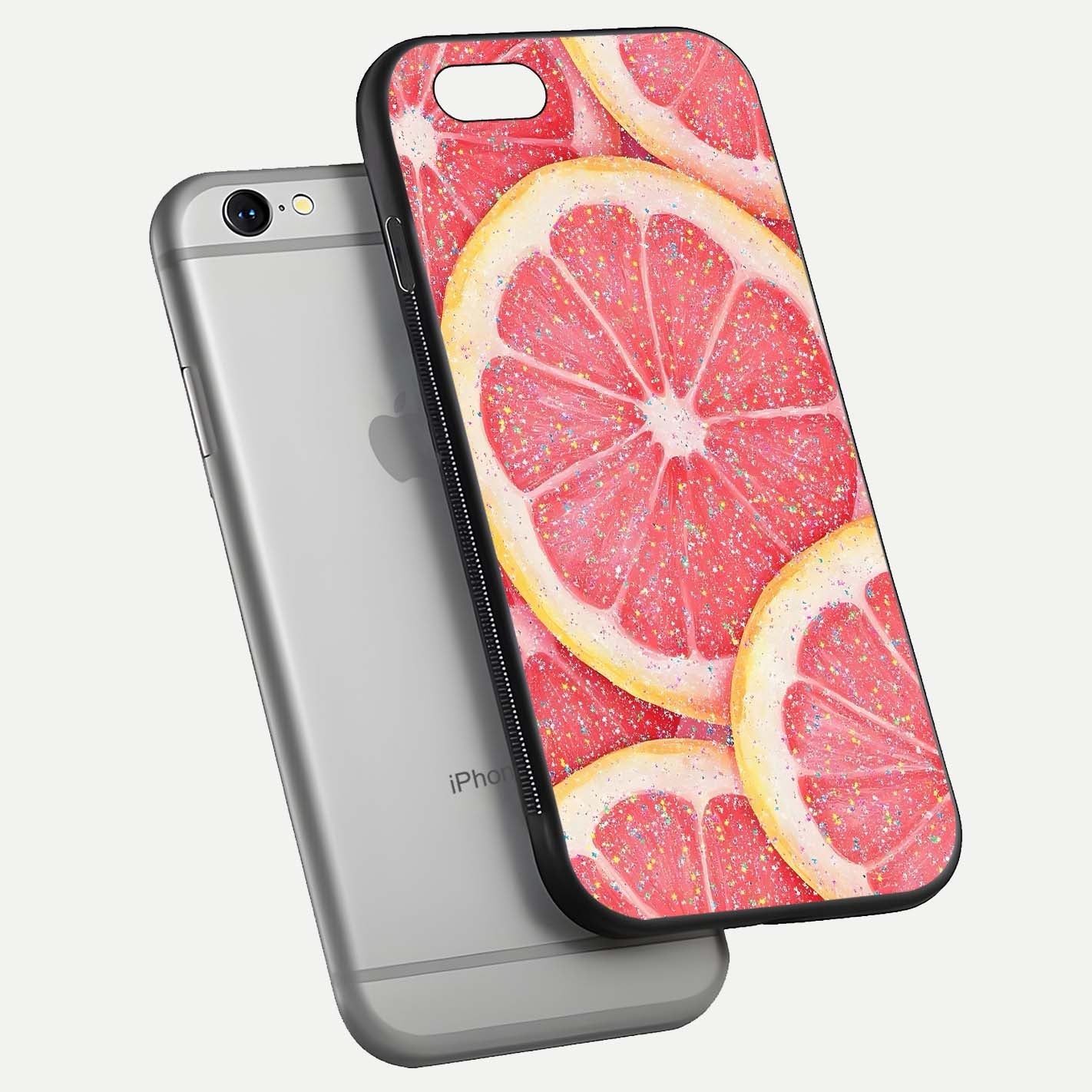 Glitter Grapefruit Glass Case for iPhone 16 Pro floating dual-view mockup showing HD gloss and fresh color detail