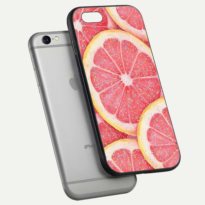 Glitter Grapefruit Glass Case for iPhone 16 Pro floating dual-view mockup showing HD gloss and fresh color detail