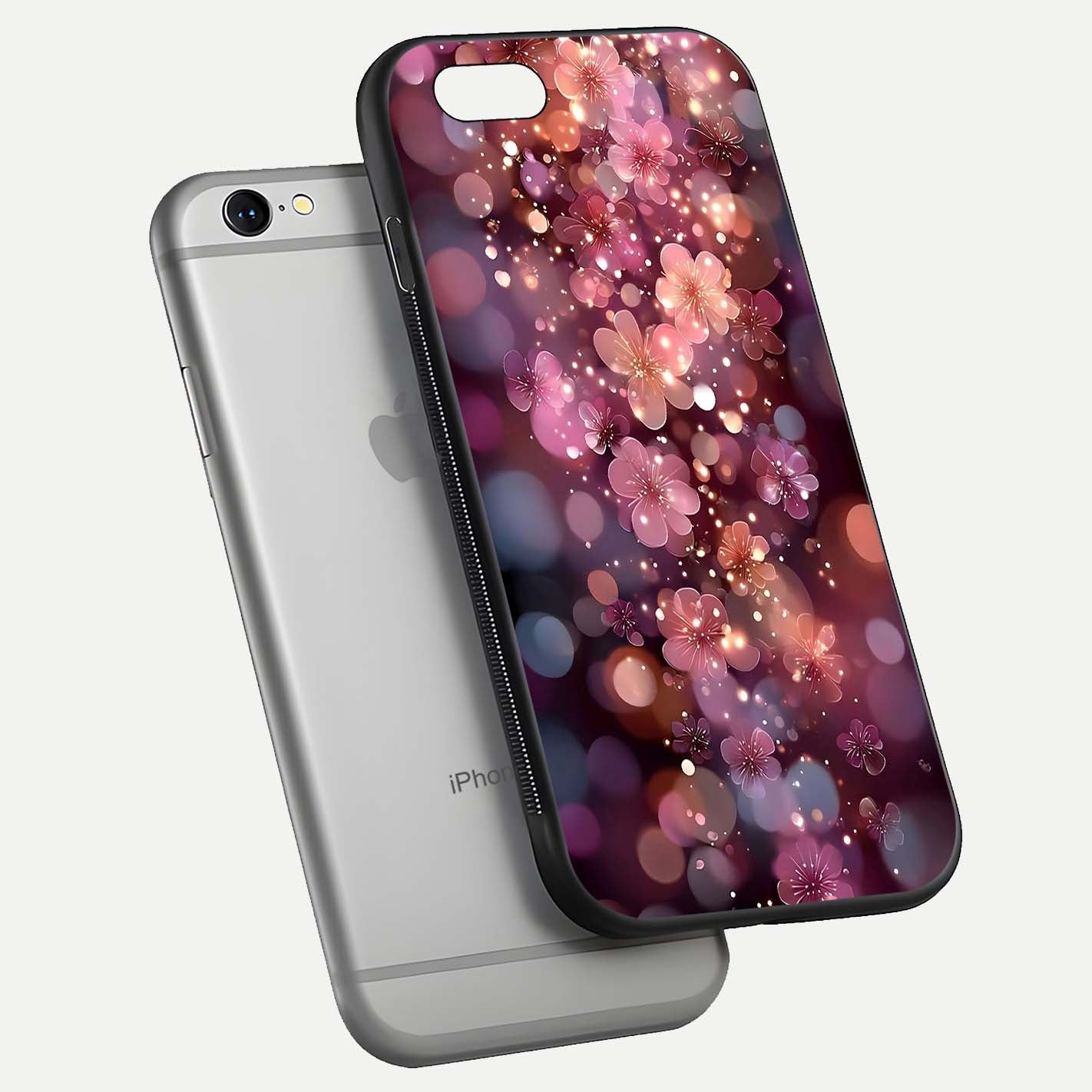 Glowing Petal Bliss Glass Case for iPhone 16 Pro floating dual-view mockup showing gloss brightness and delicate tone