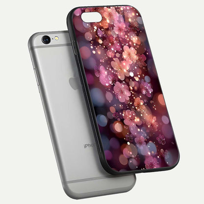 Glowing Petal Bliss Glass Case for iPhone 16 Pro floating dual-view mockup showing gloss brightness and delicate tone