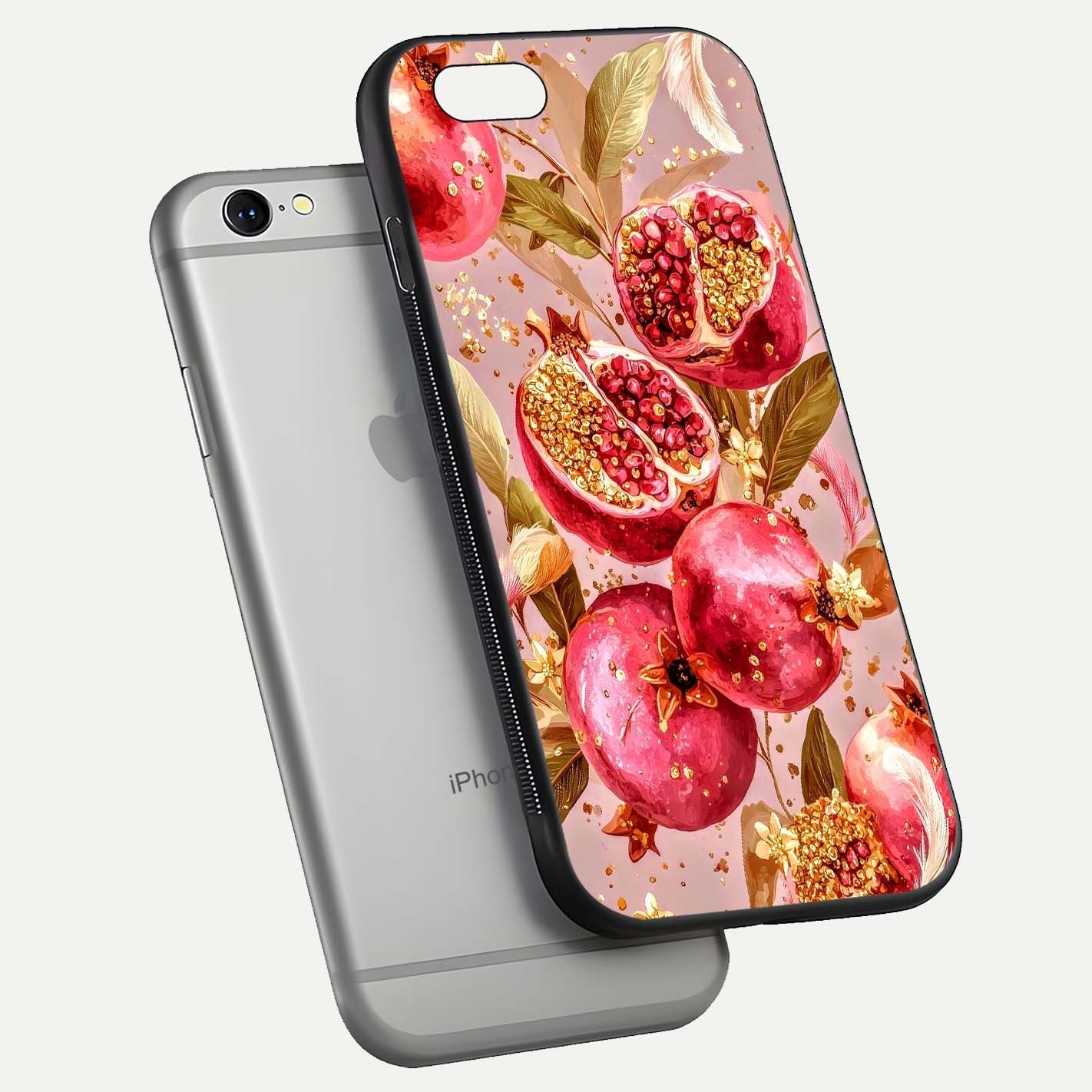 Golden Bloom Glow Glass Case for iPhone 16 Pro floating dual-view mockup showing glossy shine and golden shimmer