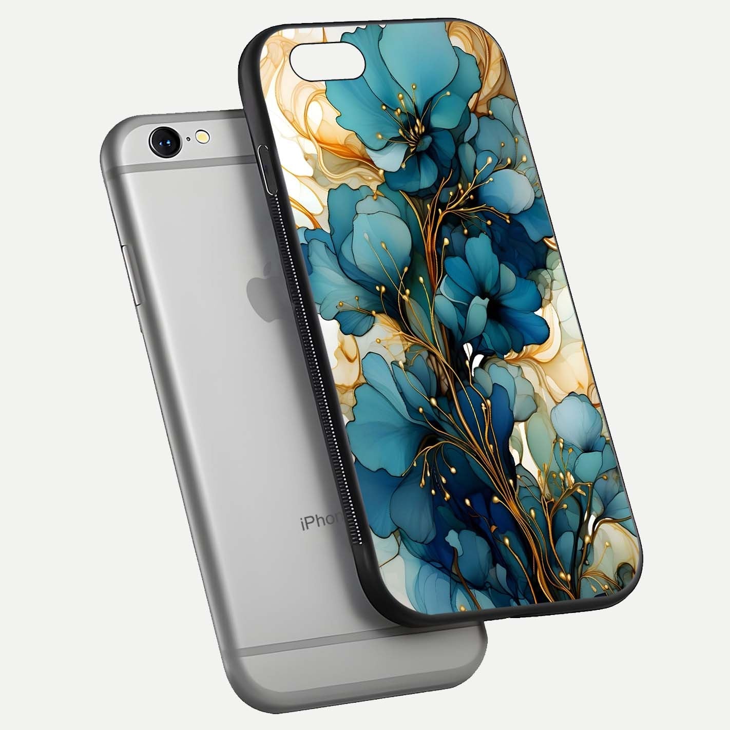 Golden Bloom Symphony Glass Case for iPhone 16 Pro floating dual-view mockup displaying shine texture and luxury pattern