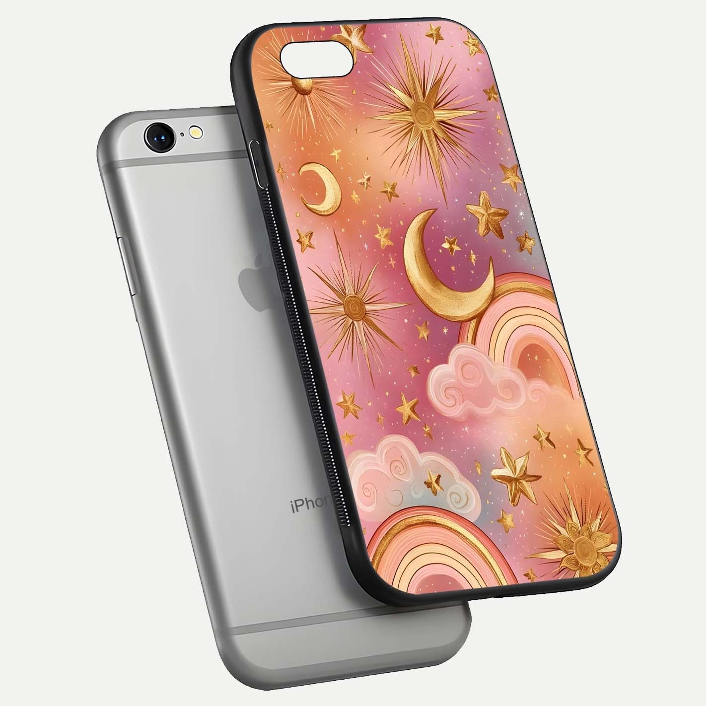 Golden Celestial Dreams Glass Case for iPhone 16 Pro floating dual-view mockup showing gloss surface and dream-like glow