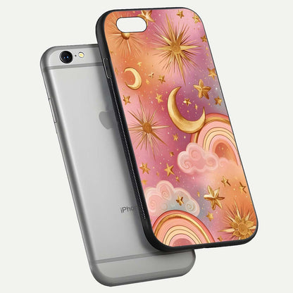Golden Celestial Dreams Glass Case for iPhone 16 Pro floating dual-view mockup showing gloss surface and dream-like glow