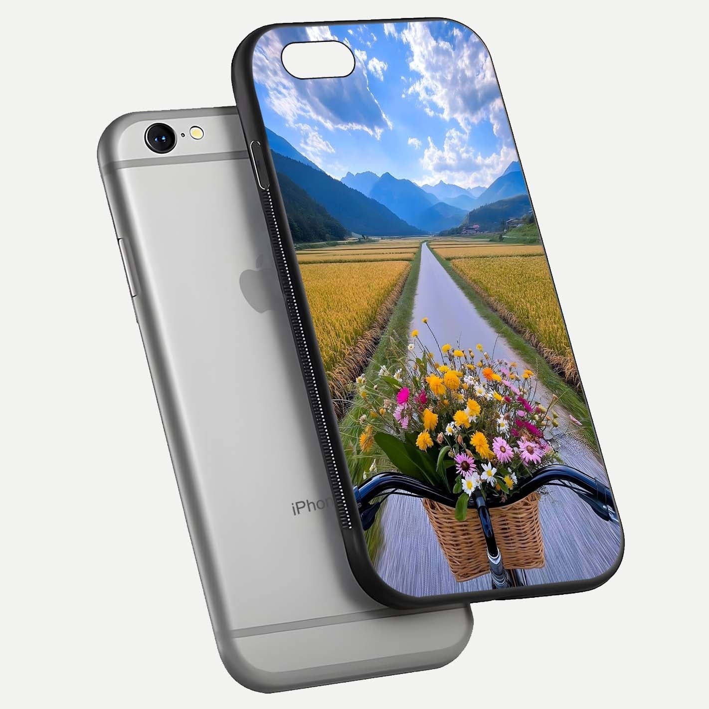 Golden Field Journey Glass Case for iPhone 16 Pro floating dual-view mockup showing gloss surface and field depth