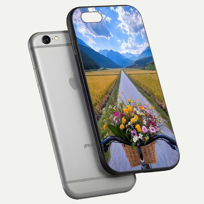Golden Field Journey Glass Case for iPhone 16 Pro floating dual-view mockup showing gloss surface and field depth