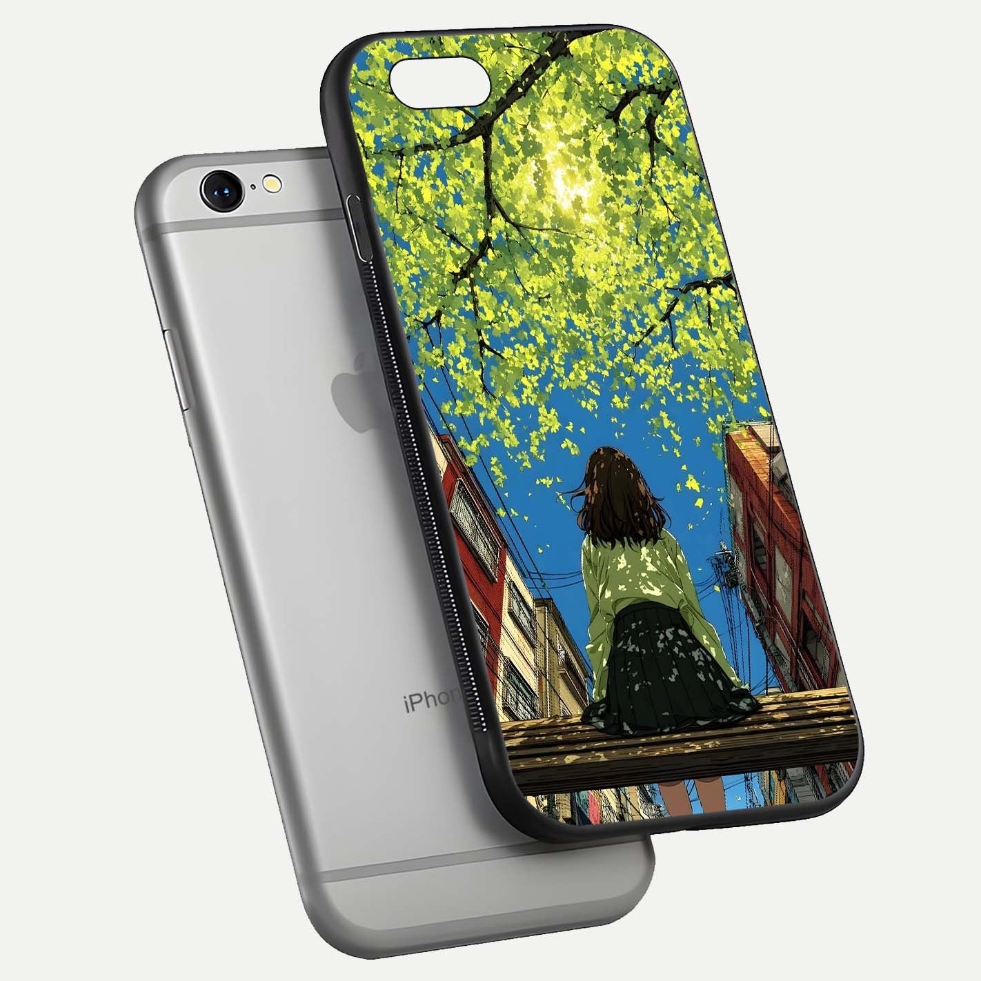 Golden Leaves Glow Glass Case for iPhone 16 Pro floating dual-view mockup showing gloss depth and gold-leaf detail