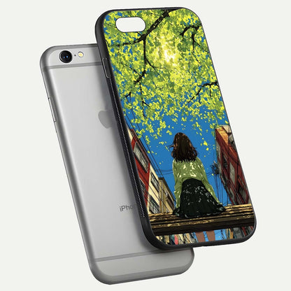 Golden Leaves Glow Glass Case for iPhone 16 Pro floating dual-view mockup showing gloss depth and gold-leaf detail