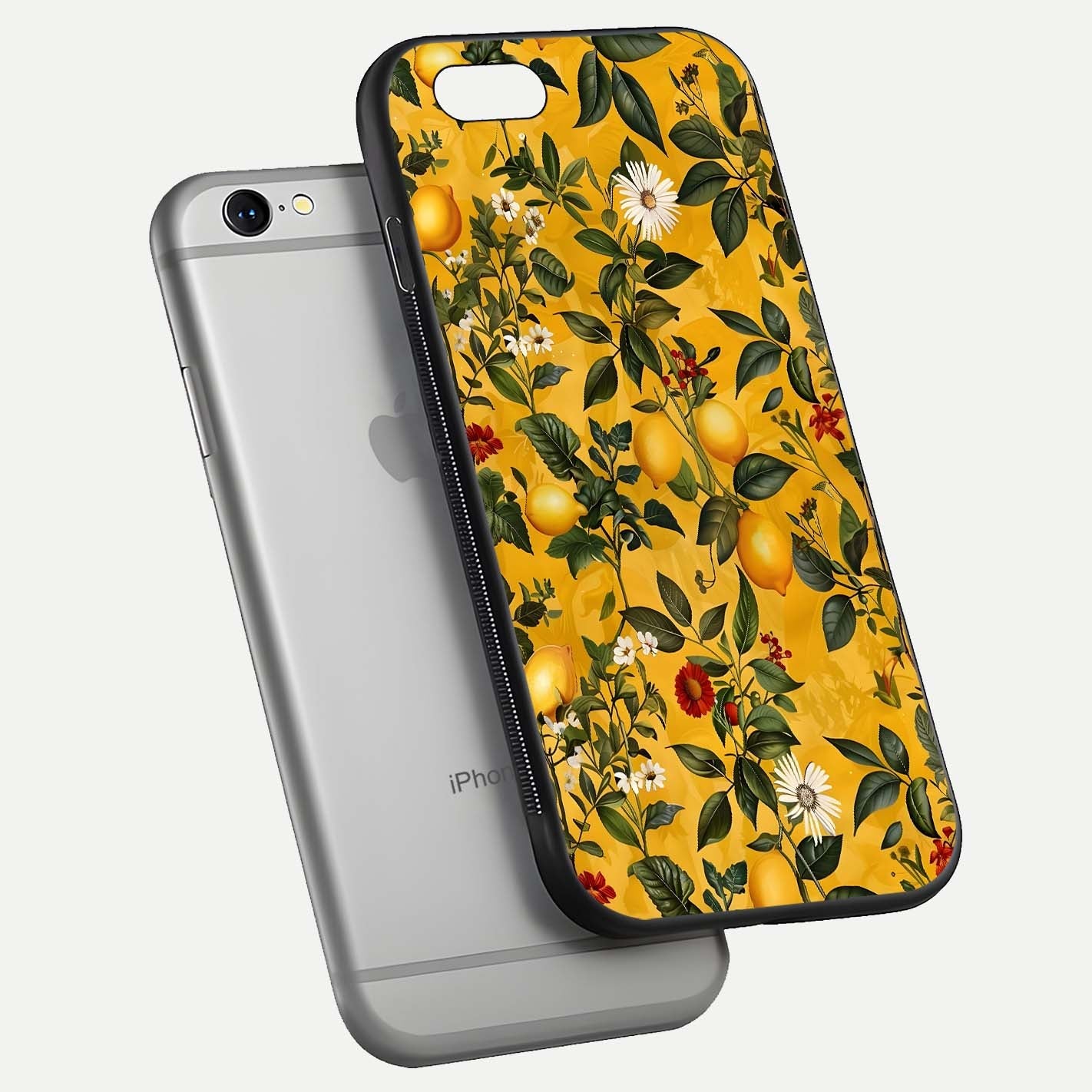 Golden Lemon Field Glass Case for iPhone 16 Pro floating dual-view mockup showing gloss shine and yellow-gold palette