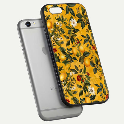 Golden Lemon Field Glass Case for iPhone 16 Pro floating dual-view mockup showing gloss shine and yellow-gold palette