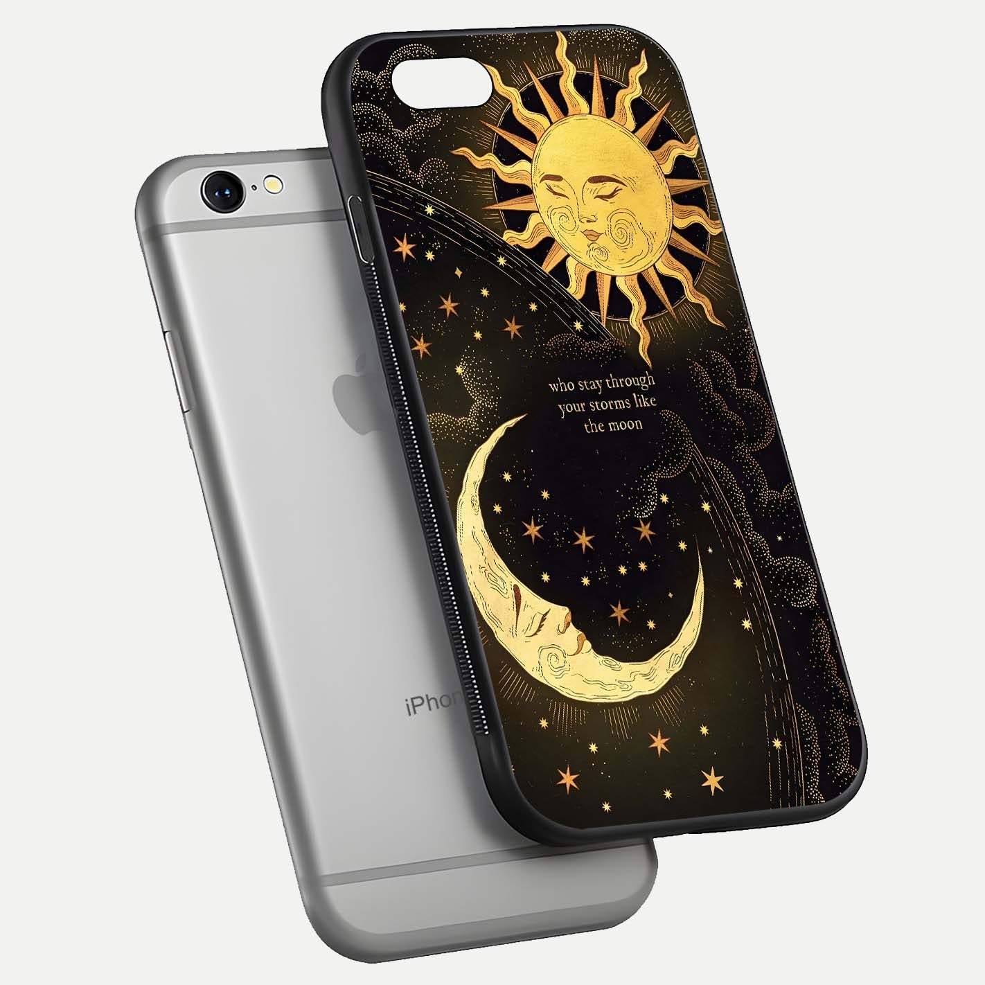 Golden Lunar Love Glass Case for iPhone 16 Pro floating dual-view mockup showing glossy glow and romantic theme