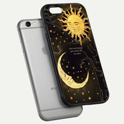 Golden Lunar Love Glass Case for iPhone 16 Pro floating dual-view mockup showing glossy glow and romantic theme