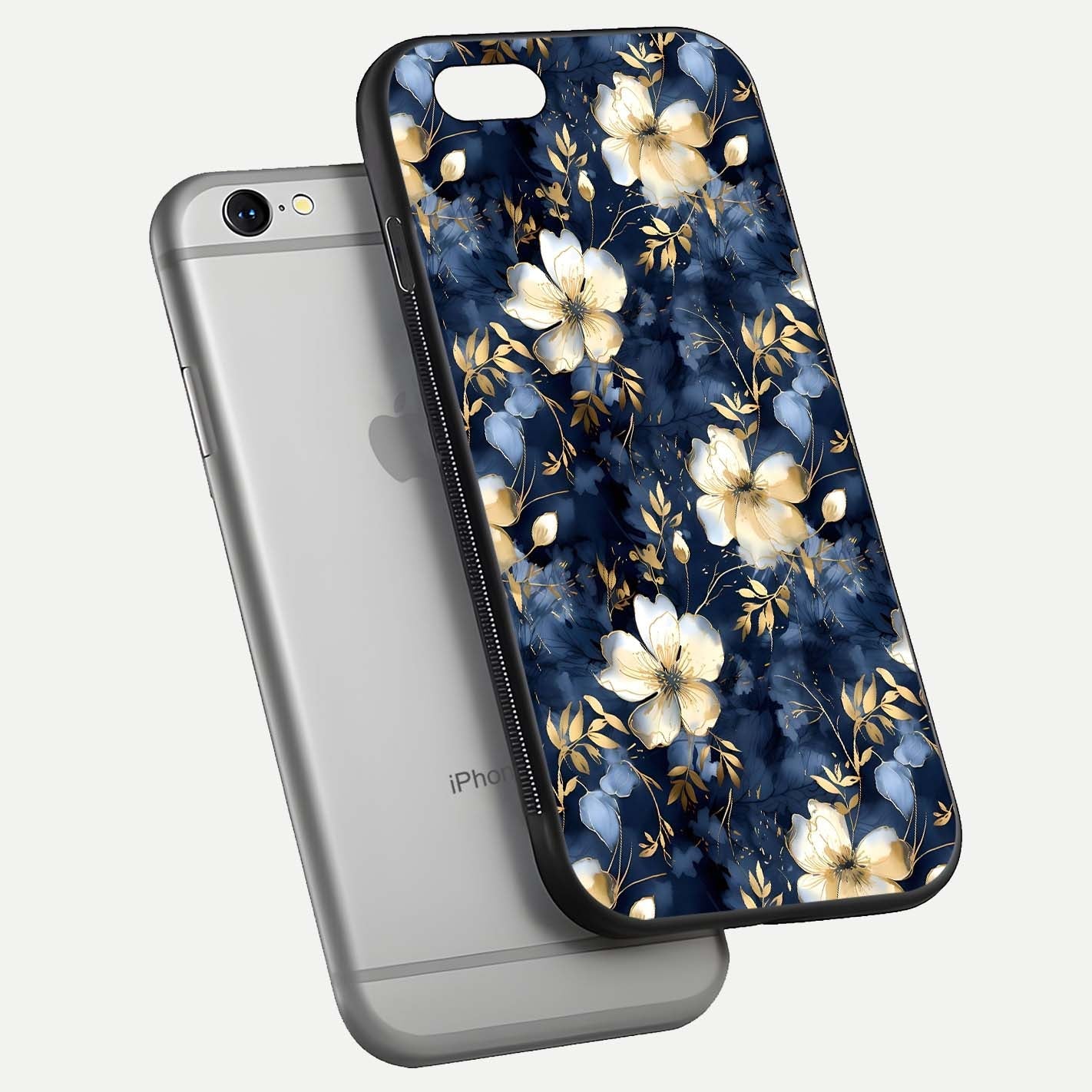 Golden Midnight Bloom Glass Case for iPhone 16 Pro floating dual-view mockup showing gloss polish and metallic reflection