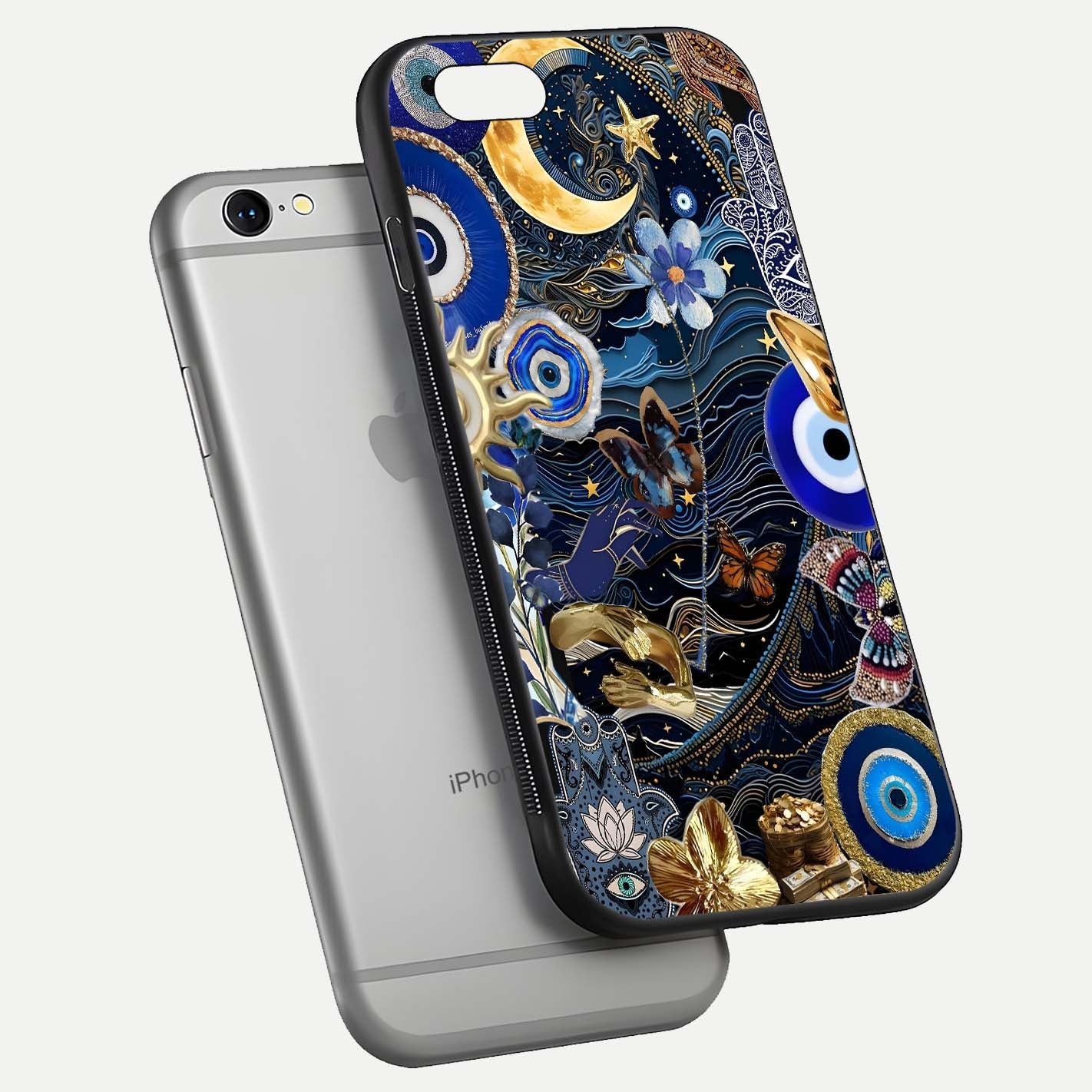 Golden Moon Magic Glass Case for iPhone 16 Pro floating dual-view mockup showing gloss texture and golden illumination