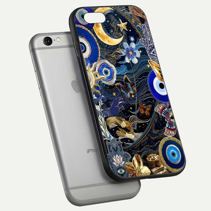 Golden Moon Magic Glass Case for iPhone 16 Pro floating dual-view mockup showing gloss texture and golden illumination