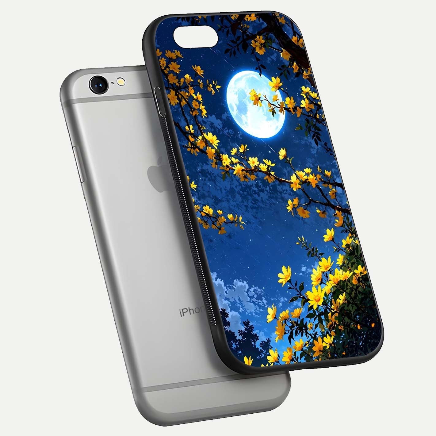 Golden Night Glow Glass Case for iPhone 16 Pro floating dual-view mockup showing gloss polish and luxury shine