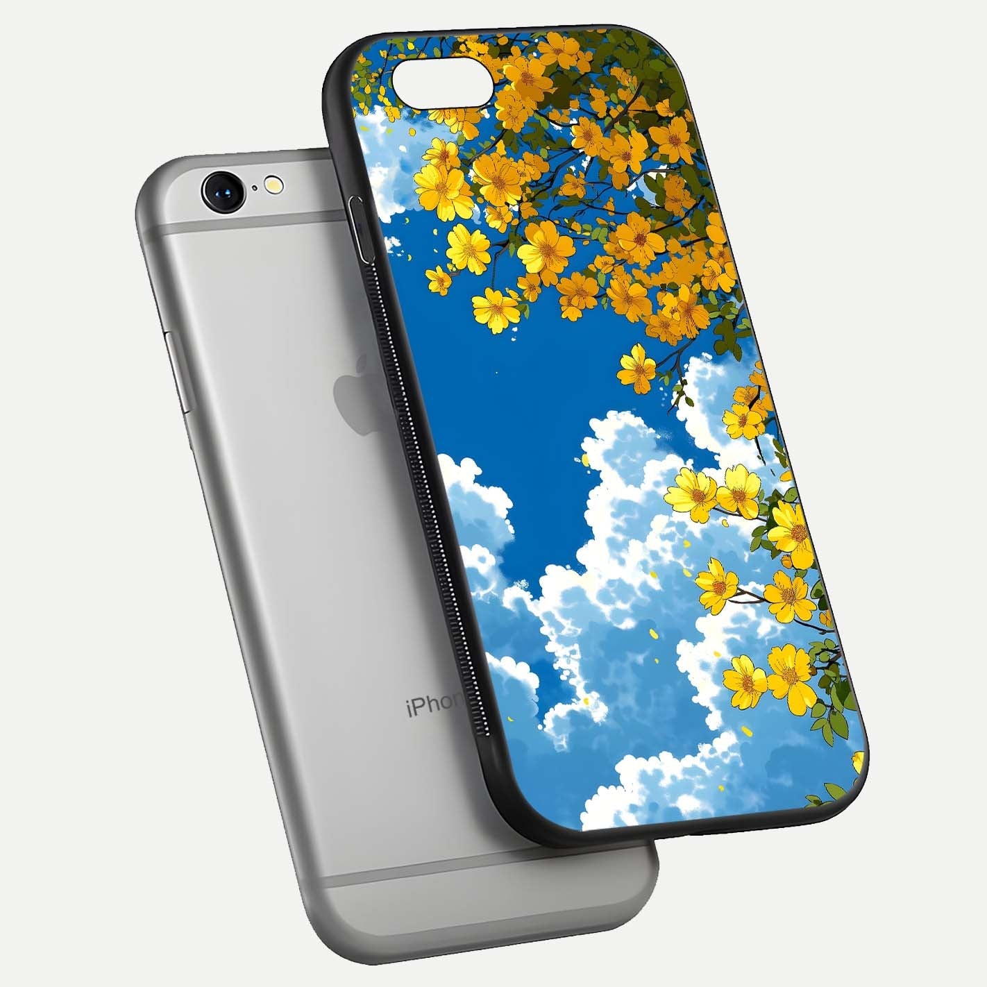 Golden Petal Sky Glass Case for iPhone 16 Pro floating dual-view mockup showing gloss brilliance and gold detail
