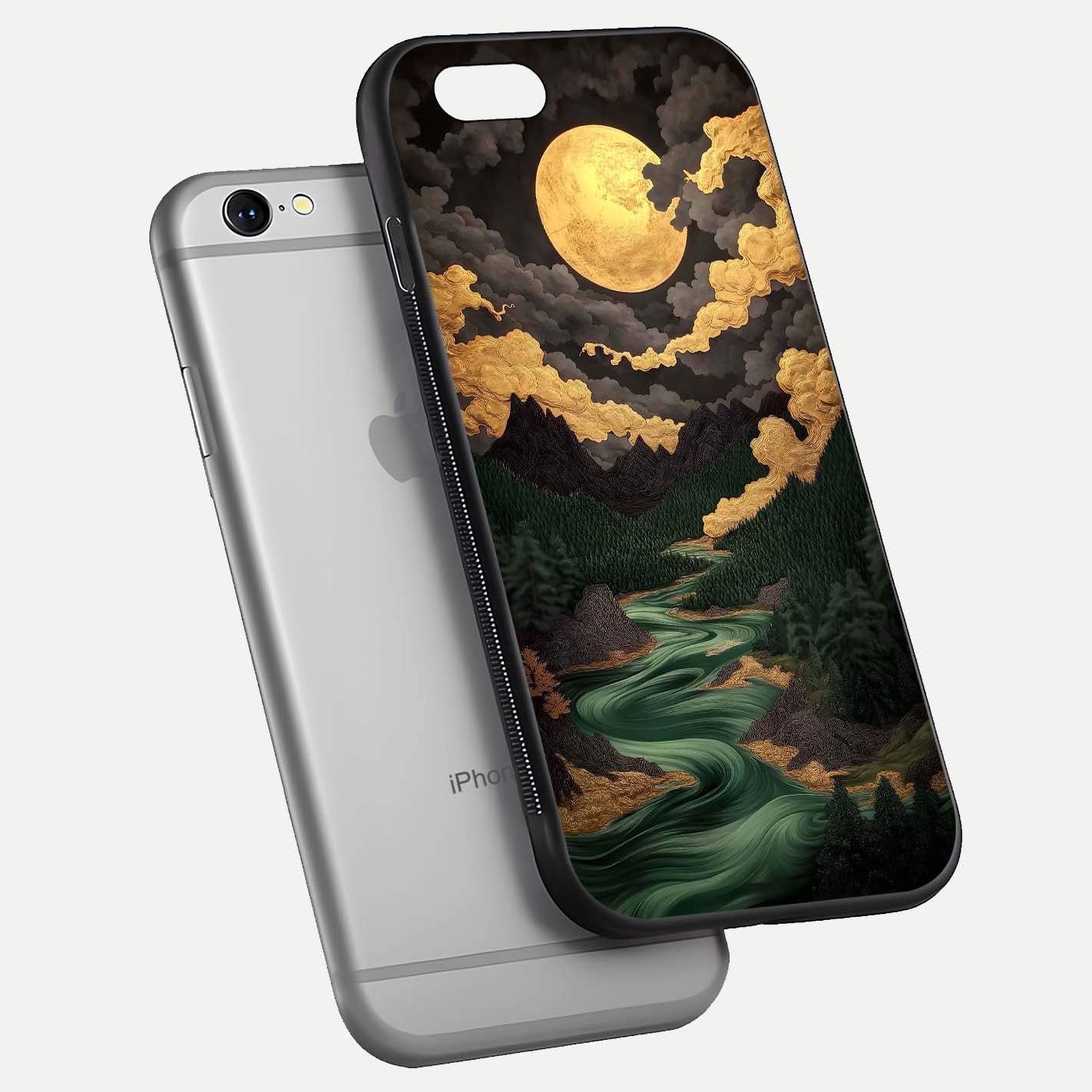 Golden River Moon Glass Case for iPhone 16 Pro floating dual-view mockup showing gloss surface and luxury tone