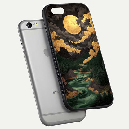 Golden River Moon Glass Case for iPhone 16 Pro floating dual-view mockup showing gloss surface and luxury tone
