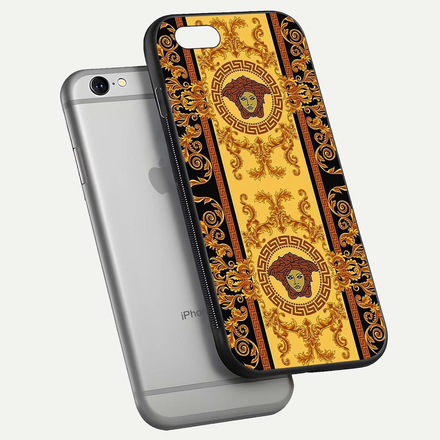 Golden Royal Heritage Glass Case for iPhone 16 Pro floating dual-view mockup showing glossy surface and rich regal tone