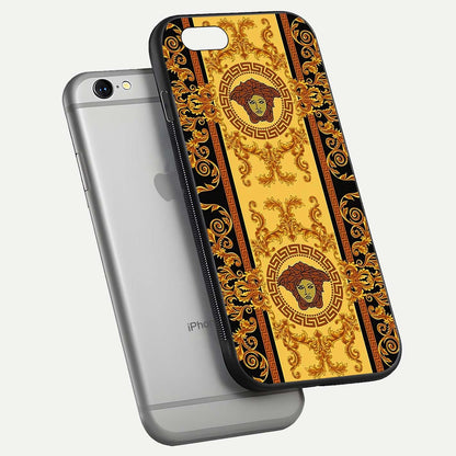 Golden Royal Heritage Glass Case for iPhone 16 Pro floating dual-view mockup showing glossy surface and rich regal tone