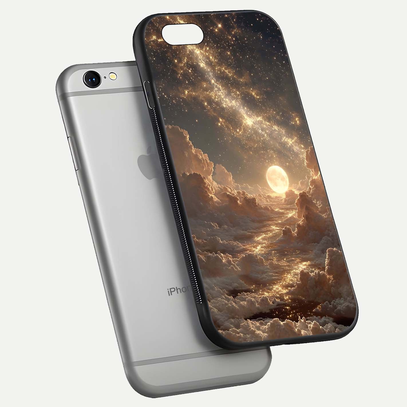 Golden Sky Dream Glass Case for iPhone 16 Pro floating dual-view mockup showing gloss depth and elegant finish