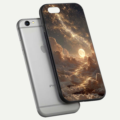 Golden Sky Dream Glass Case for iPhone 16 Pro floating dual-view mockup showing gloss depth and elegant finish