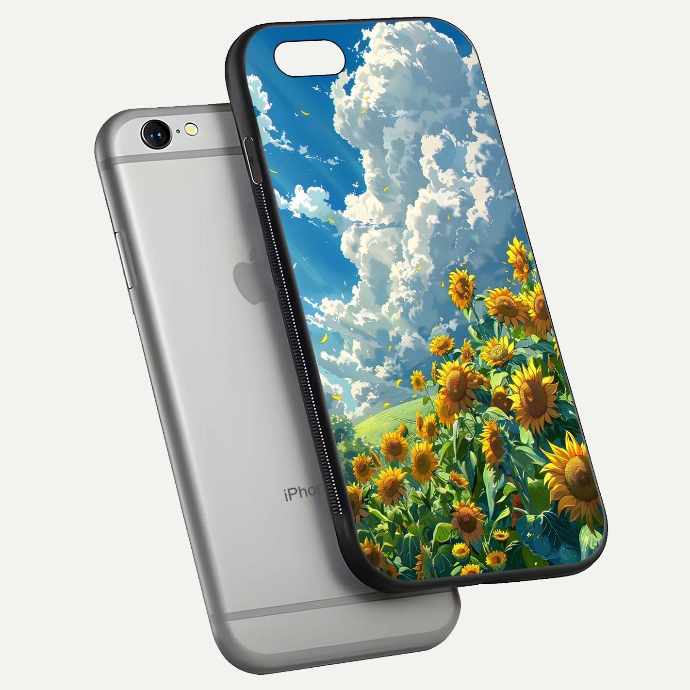 Golden Sun Glory Glass Case for iPhone 16 Pro floating dual-view mockup showing gloss shine and premium surface