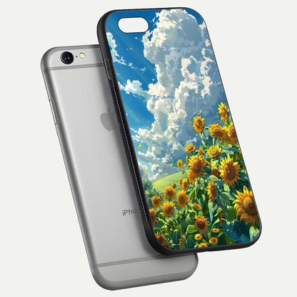 Golden Sun Glory Glass Case for iPhone 16 Pro floating dual-view mockup showing gloss shine and premium surface