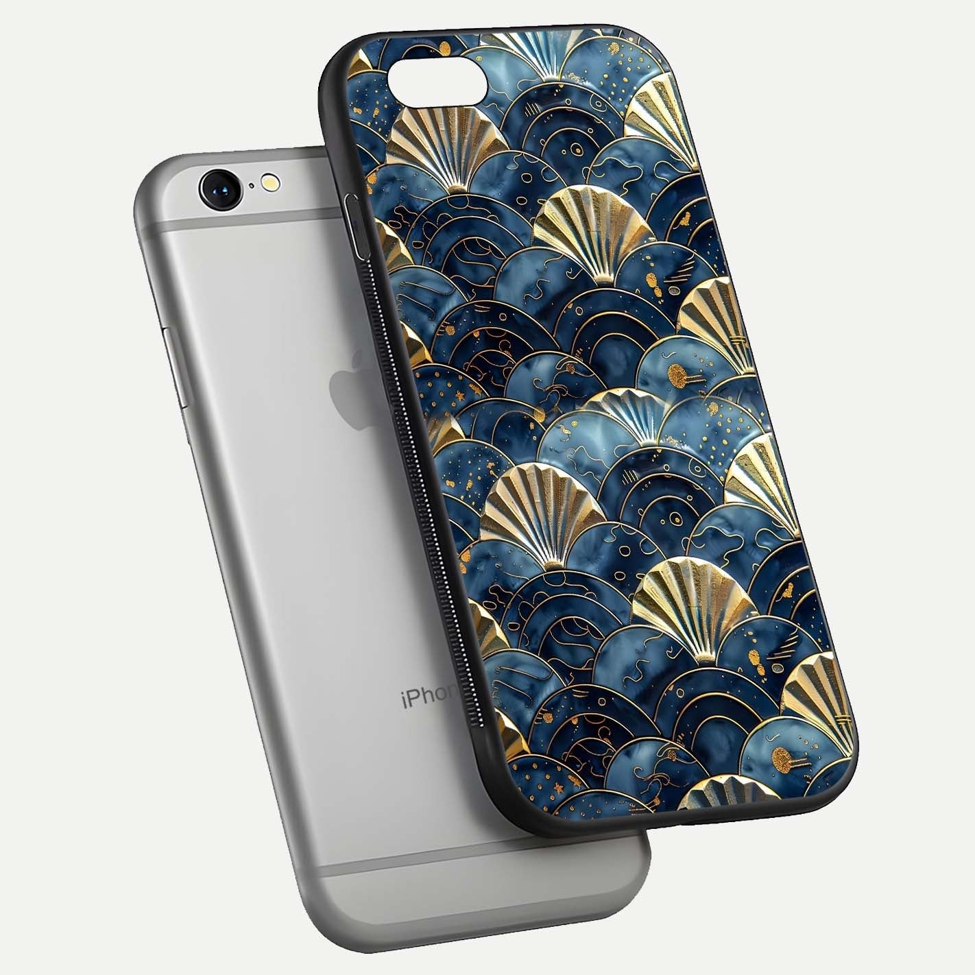 Golden Wave Luxe Glass Case for iPhone 16 Pro floating dual-view mockup showing gloss surface and shimmering tones
