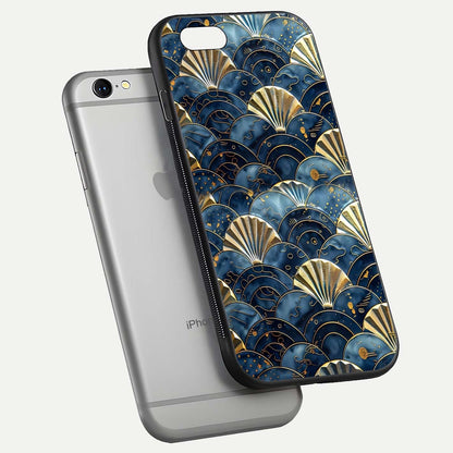 Golden Wave Luxe Glass Case for iPhone 16 Pro floating dual-view mockup showing gloss surface and shimmering tones