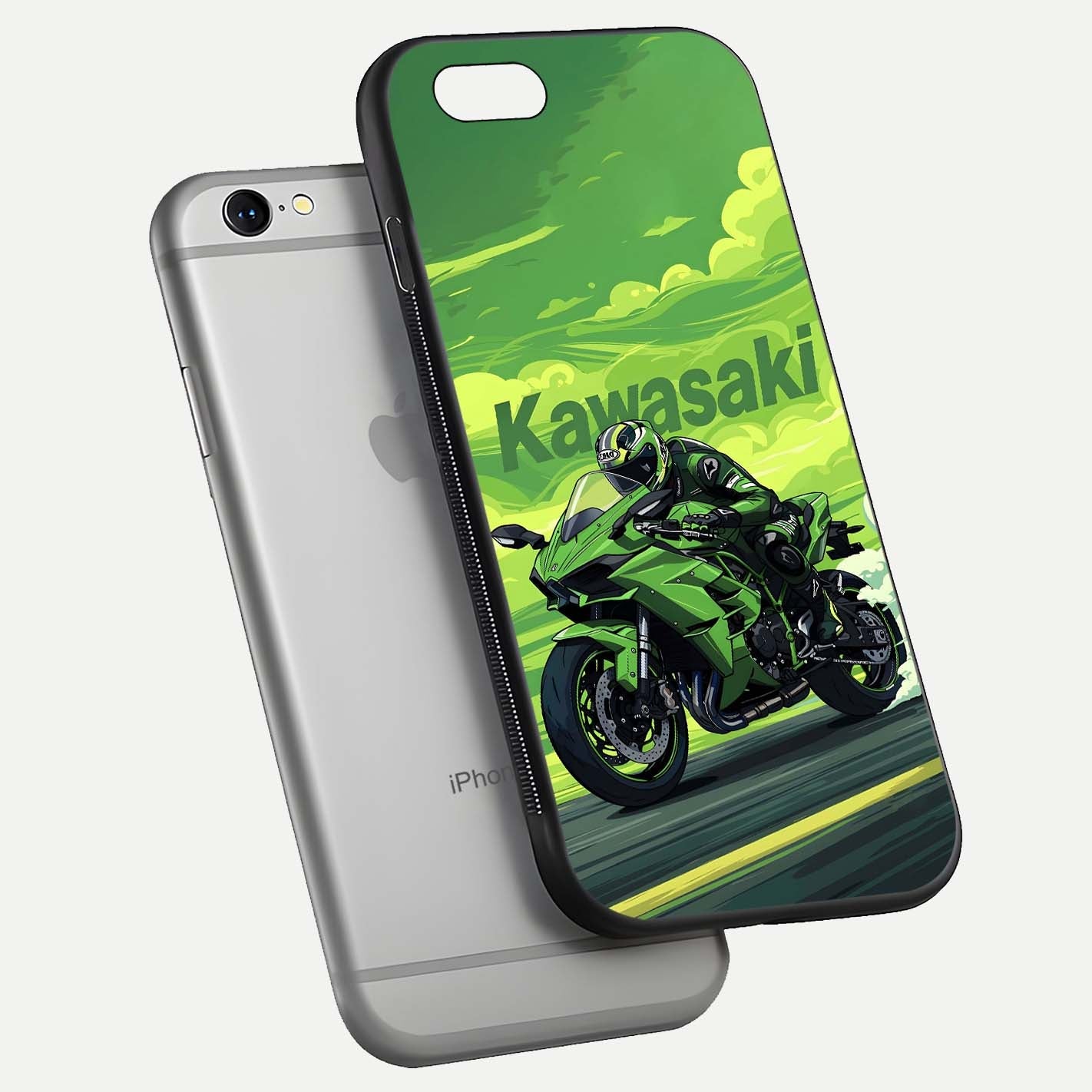 Green Kawasaki Glass Case for iPhone 16 Pro floating dual-view mockup showing gloss surface and power-bike theme