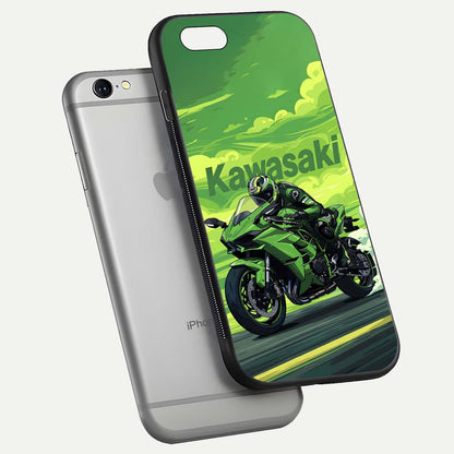 Green Kawasaki Glass Case for iPhone 16 Pro floating dual-view mockup showing gloss surface and power-bike theme