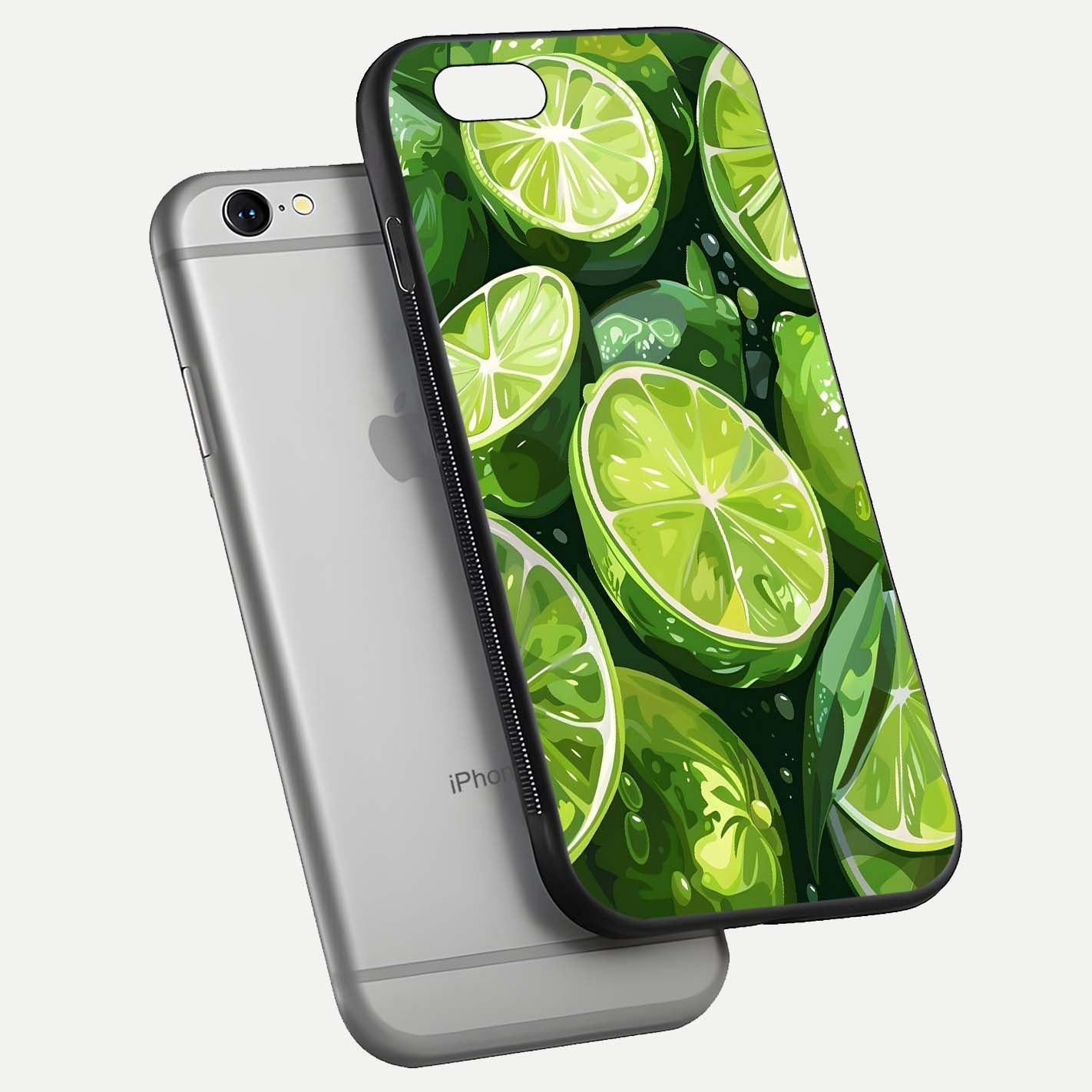 Green Lemon Glass Case for iPhone 16 Pro floating dual-view mockup showing glossy surface and fruity freshness