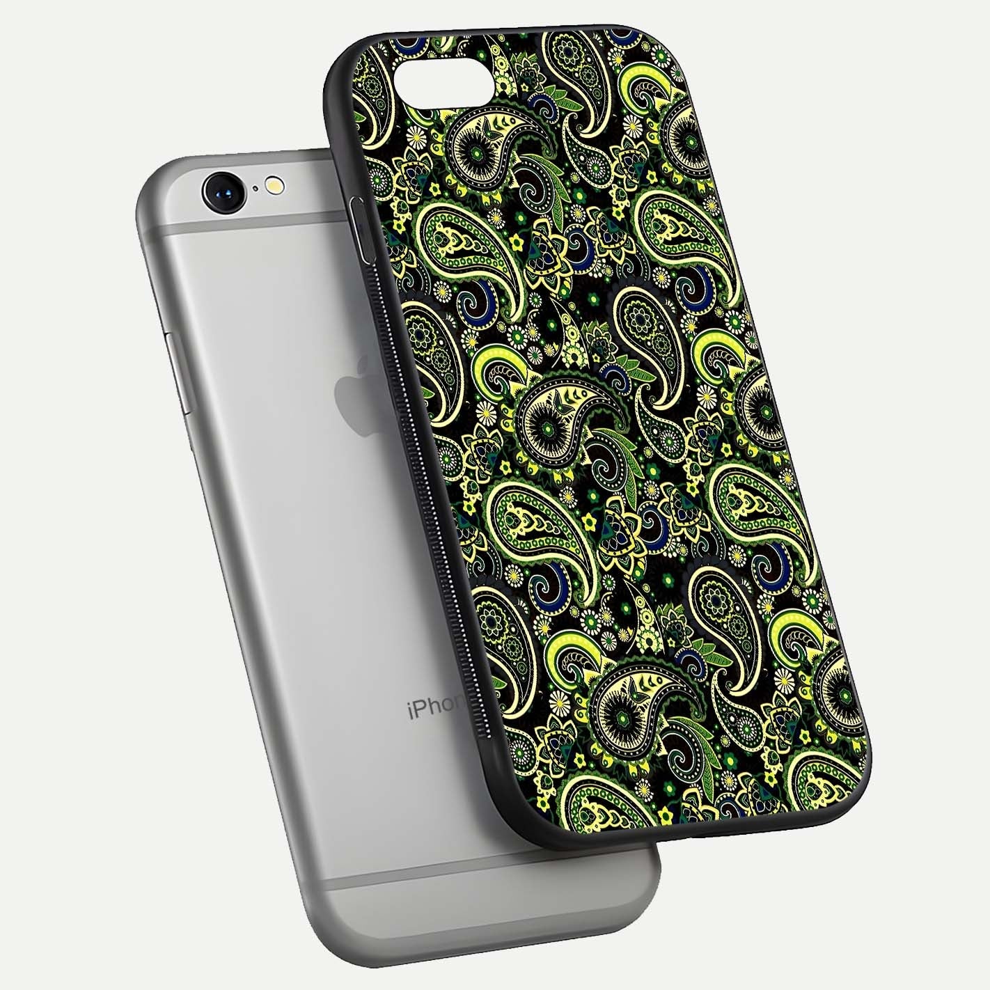 Green Mandala Pattern Glass Case for iPhone 16 Pro floating dual-view mockup showing gloss texture and symmetry shine