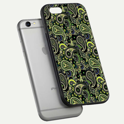 Green Mandala Pattern Glass Case for iPhone 16 Pro floating dual-view mockup showing gloss texture and symmetry shine