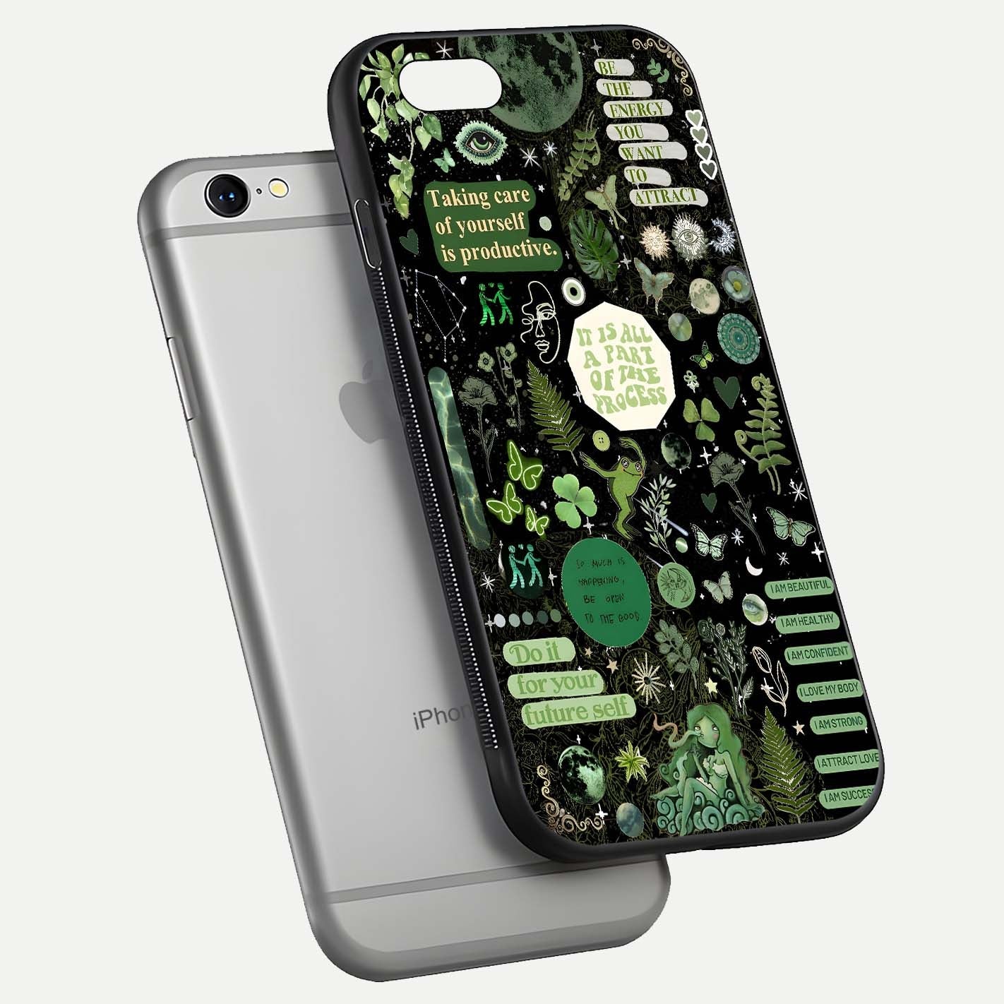 Green Moon Energy Glass Case for iPhone 16 Pro floating dual-view mockup showing glossy texture and energy aura