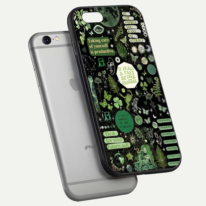 Green Moon Energy Glass Case for iPhone 16 Pro floating dual-view mockup showing glossy texture and energy aura