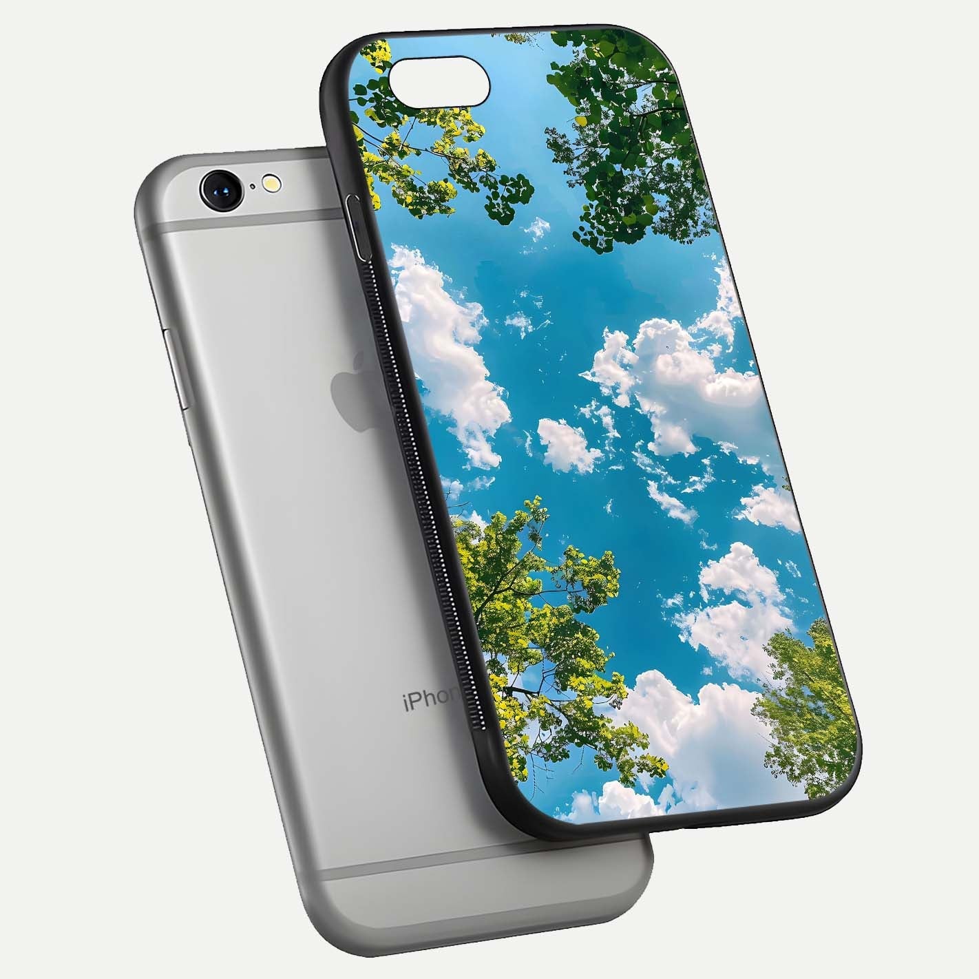 Greenery Sky Glass Case for iPhone 16 Pro floating dual-view mockup showing glossy shine and soft natural tones