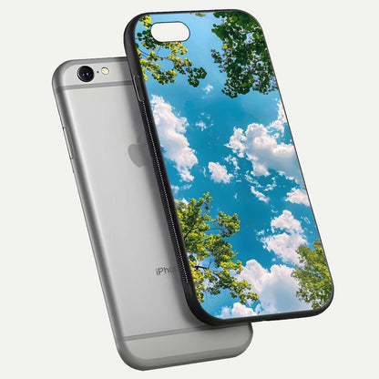 Greenery Sky Glass Case for iPhone 16 Pro floating dual-view mockup showing glossy shine and soft natural tones
