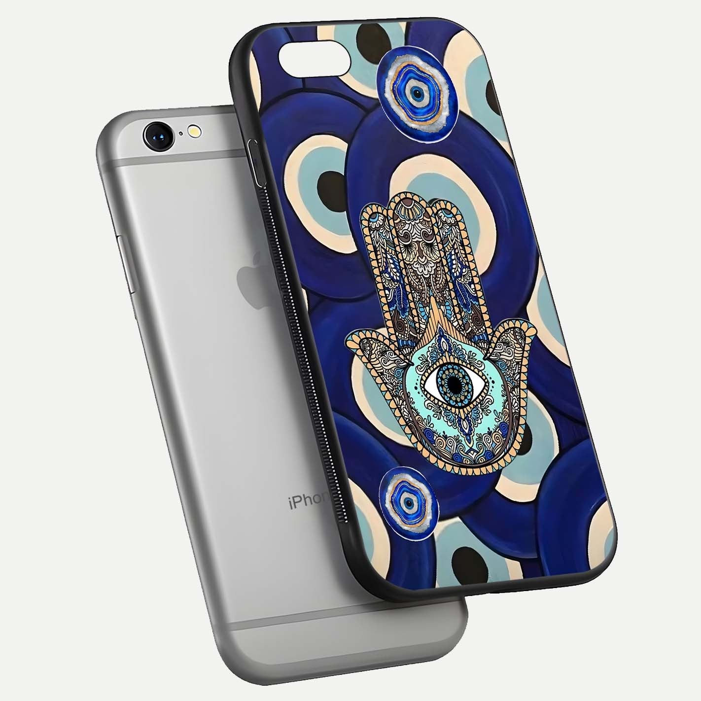Hamsa Divine Guard Glass Case for iPhone 16 Pro floating dual-view mockup showing gloss shine and mystical pattern