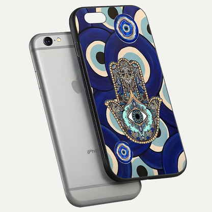 Hamsa Divine Guard Glass Case for iPhone 16 Pro floating dual-view mockup showing gloss shine and mystical pattern