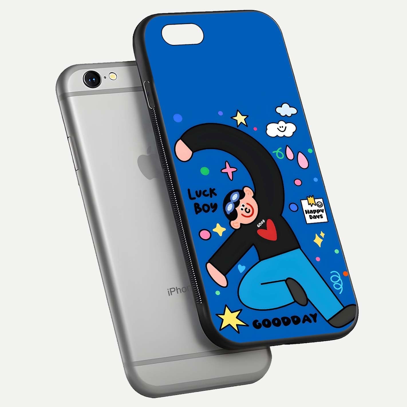 Happy Luck Vibe Glass Case for iPhone 16 Pro floating dual-view mockup showing glossy tone and bright finish