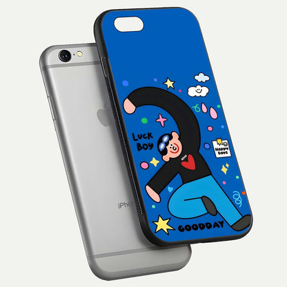 Happy Luck Vibe Glass Case for iPhone 16 Pro floating dual-view mockup showing glossy tone and bright finish