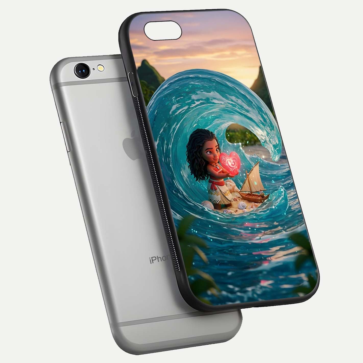 Heart of Ocean Glass Case for iPhone 16 Pro floating dual-view mockup showing gloss surface and aquatic design